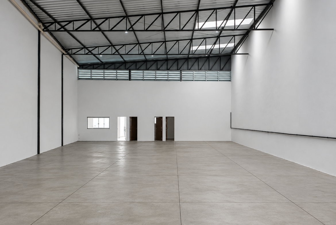 Interior do barracão de 380 m² em Monte Verde com pé direito de 7 metros e piso industrial polido