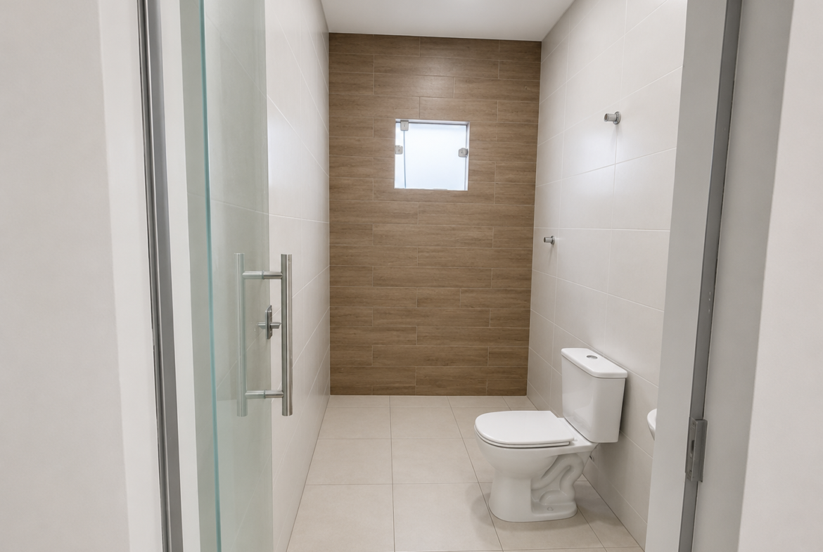 Banheiro com acabamento diferenciado em porcelanato e porta de vidro no galpão de Betim